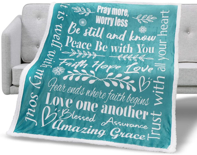 Faith Hope Love Blanket, Inspirational Christian Gifts for Women Men, Gives Comfort, Strength and Warm Hug Soft Throw (Teal, Flannel Fleece)