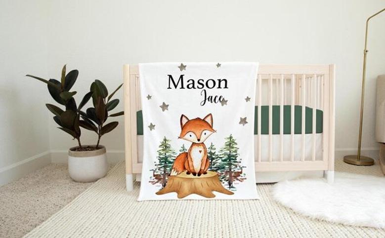 Fox Nursery Baby Blanket, Woodland Animal Baby Blanket, New Baby Gift, Fox Baby Blanket, Fox Forrest Baby Blanket