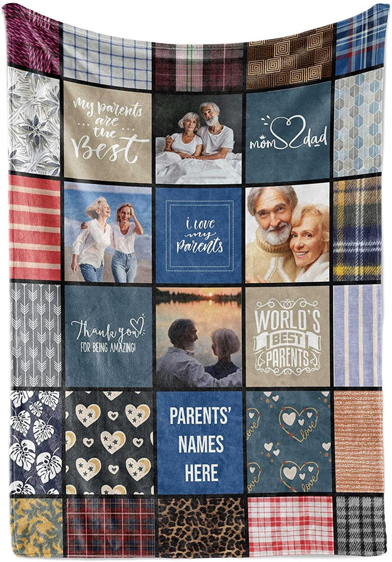 Gift for Parents Anniversary Ideas, Personalized Throw Blanket Photo Collage Pattern Children, Christmas or Birthday Present Idea for Dad and Mom