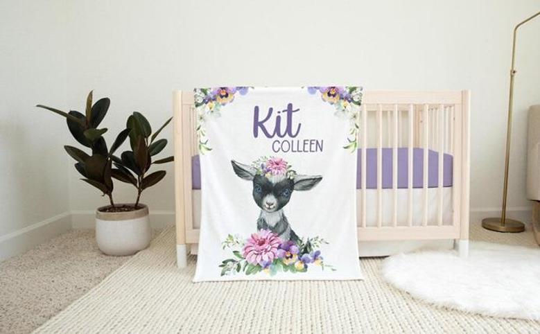 Goat Blanket, Floral Goat Crib Bedding, Personalized Baby Blanket, Farm Animal Nursery Theme