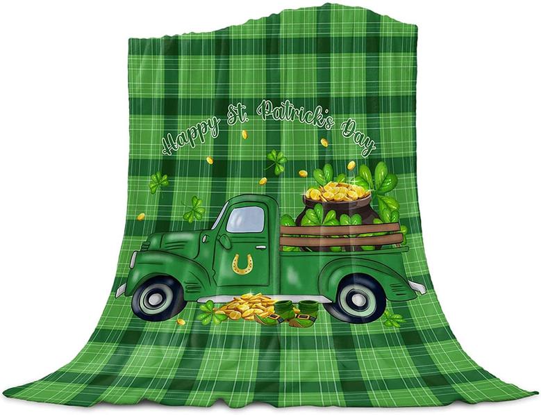 Happy St. Patrick's Day Blankets - Truck Lucky Shamrock Flannel Fleece Throw Blanket - Green Buffalo Plaid Flannel Blanket