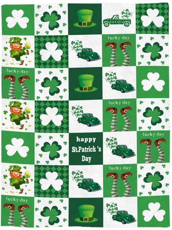 Happy St. Patrick's Day Throw Blankets - Leprechaun Throw Blankets - Lucky Shamrocks Farm Truck Checkered Soft Fleece Blanket