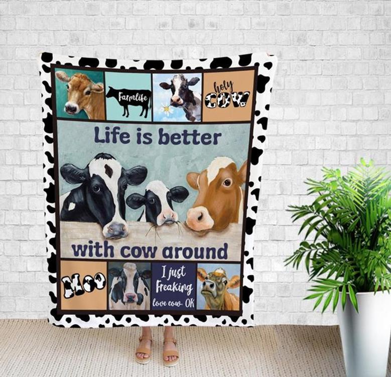 Life Is Better With Cow Around Blanket, Cow Blanket, Farmhouse Animal Art Print, Gift For Farmer.