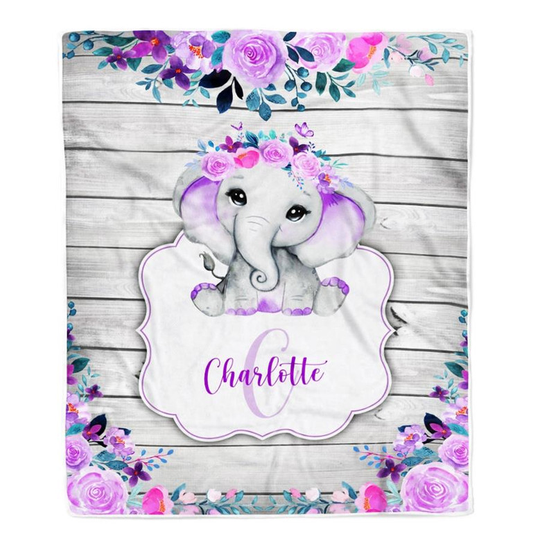 Personalized Baby Blanket Monogram Purple Floral Elephant Custom Nursery Swadding Boy Girl with Name Daughter Granddaughter Niece Birthday Fleece Blanket