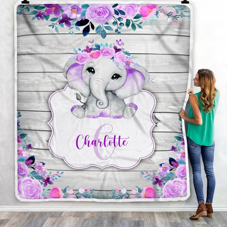 Personalized Baby Blanket Monogram Purple Floral Elephant Custom Nursery Swadding Boy Girl with Name Daughter Granddaughter Niece Birthday Fleece Blanket