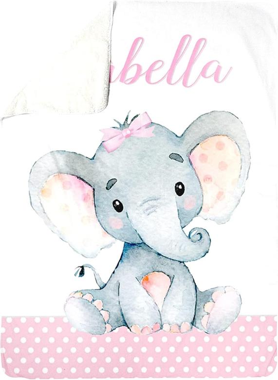 Personalized Baby Girl Elephant Blanket, Baby Girl Pink Blanket, Safari Elephant Blanket, Custom Name Blanket, Fleece,