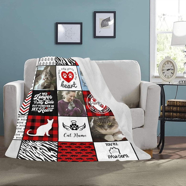 Personalized Cat Memorial Gifts - Pet Loss Gifts - Custom Sympathy Blankets with Loss of Cat Picture and Name - Grieving Gift for Cat Mom