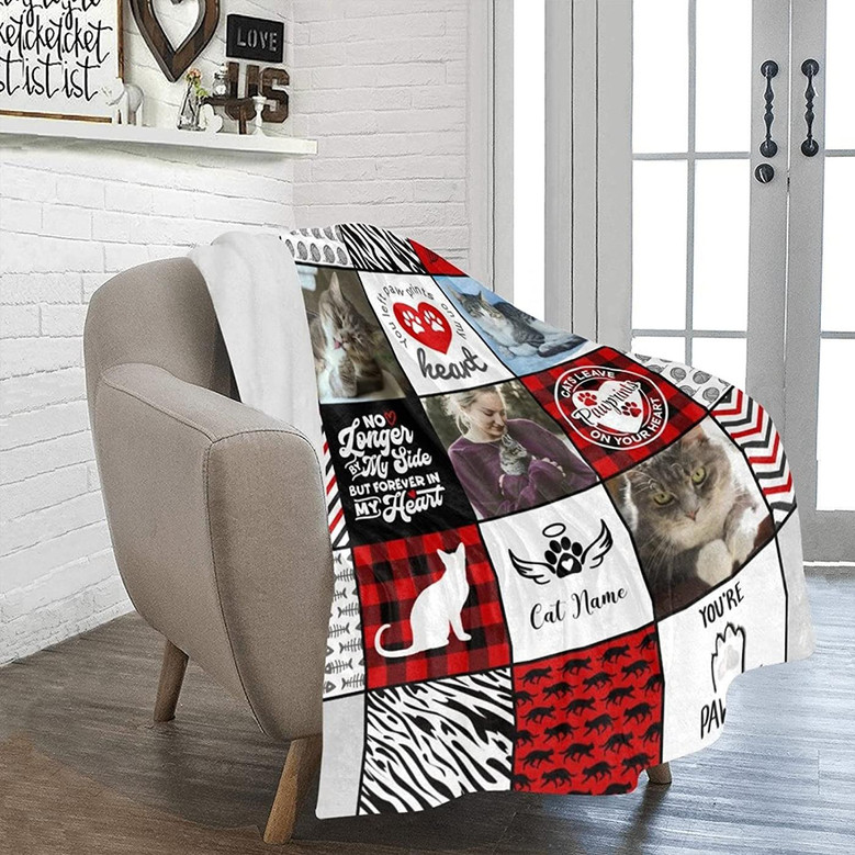 Personalized Cat Memorial Gifts - Pet Loss Gifts - Custom Sympathy Blankets with Loss of Cat Picture and Name - Grieving Gift for Cat Mom