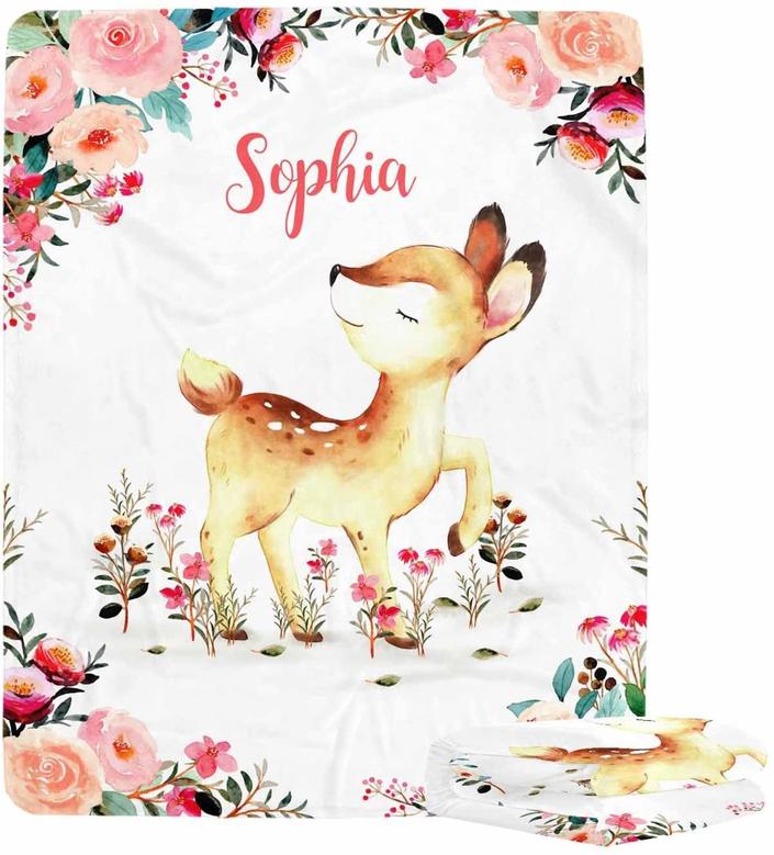 Personalized Floral Deer Baby Blanket for Baby Girl, Personalized Newborn Girl Gifts with Name, Newborn Baby Girls Blankets Custom, Deer Baby Blanket