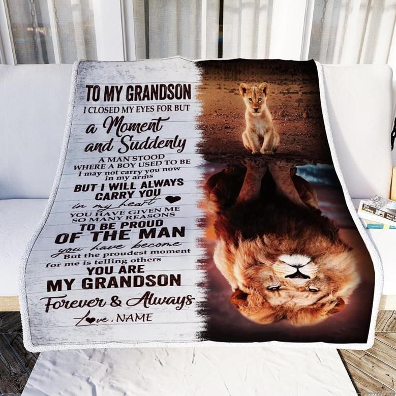Personalized To My Grandson Blanket From Grandma Grandpa Lion Proud Of The Man You Have Become Grandson Birthday Christmas Customized Fleece Throw Blanket