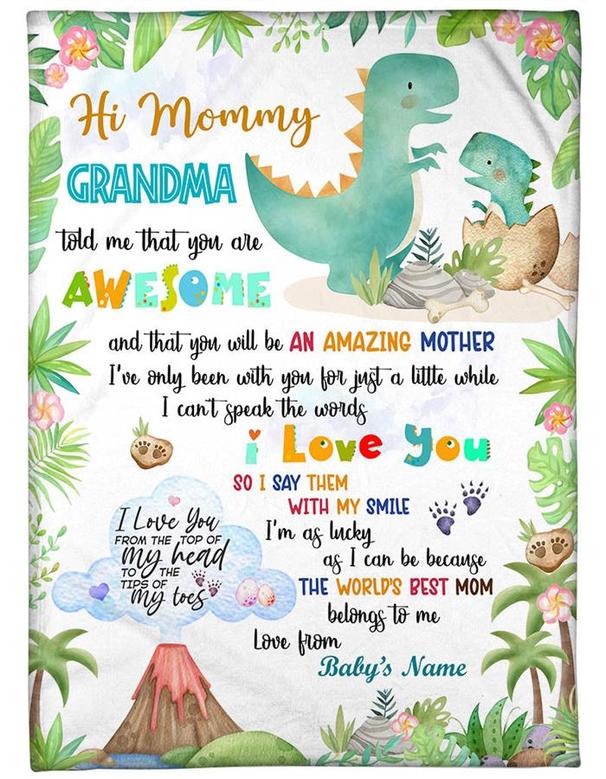 Personalized Mother's Day Blanket - Cute Dinosaur Blanket For New Mom -Personalized Hi Mommy Grandma Told Me That You Are Awesome