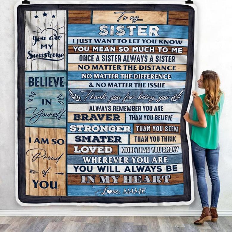 Personalized To My Sister Blanket From Brother Wood You Will Always Be In My Heart Sister Birthday Christmas Graduation Customized Bed Fleece Throw Blanket