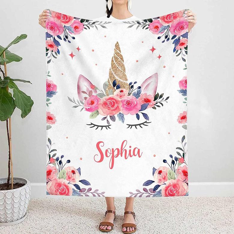 Personalized Unicorn Girls Blanket, Customized Baby Blankets with Name for Girls, Baby Gifts for Newborn Girl
