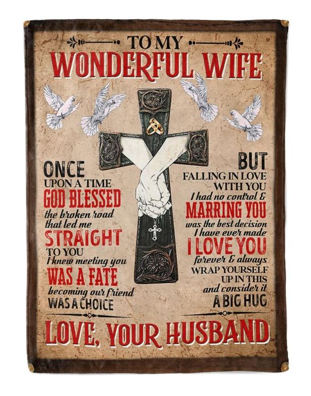 Personalized To My Wonderful Wife Hands With Cross Fleece Blanket, To My Wife Once Upon A Time God Blessed Couple Blanket Gifts For Wife