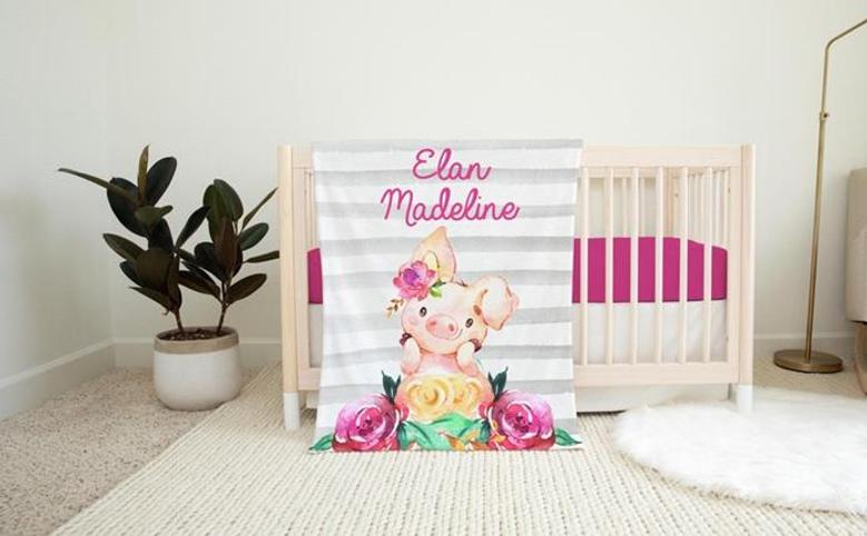 Pig Blanket, Pig Crib Bedding, Personalized Piglet Baby Blanket, Farm Animal Nursery Theme, Newborn Coming Home Blanket