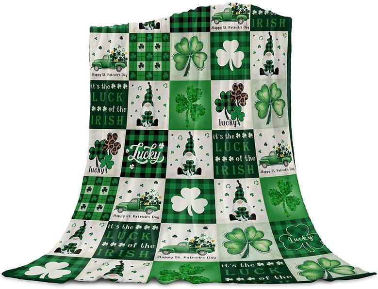 St. Patrick's Day Shamrock Fleece Throw Blankets Lucky Clover Gnome Truck Green Plaid Blanket