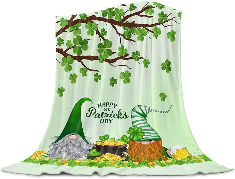 St. Patrick's Day Throw Blanket - Elf Gnome Lucky Green Clover Shamrock Flannel Blanket