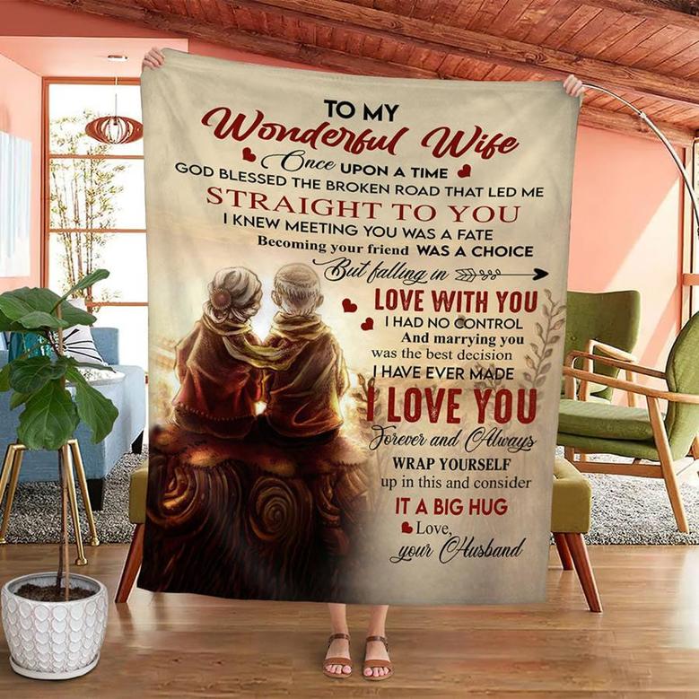 To My Wonderful Wife Old Couple Blanket From Husband, To My Wonderful Wife Once Upon A Time God Blessed The Broken Road Blanket Gifts For Wife