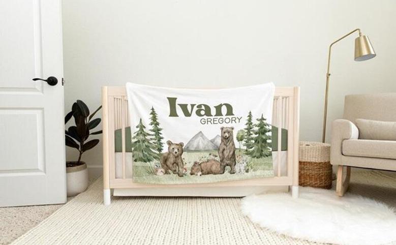Woodland Nursery Baby Blanket, Forest Animal Baby Blanket, Bear Animal Baby Blanket, Bear Family Blanket