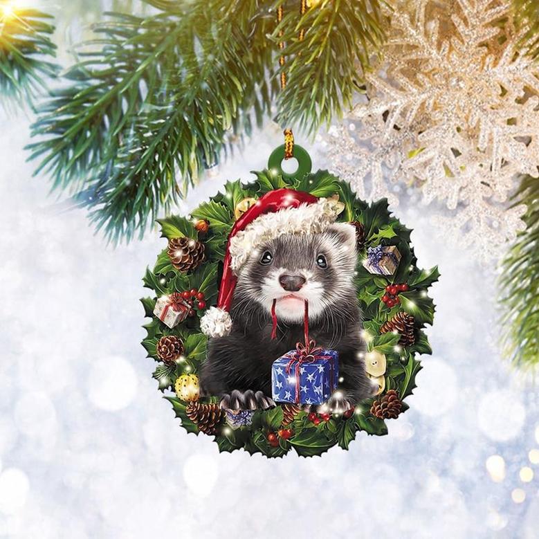 Ferret Christmas Wreath Flat 2D Ornament, Animal Lover Gifts, Christmas Tree Ornament, Home Decor Plastic Ornament