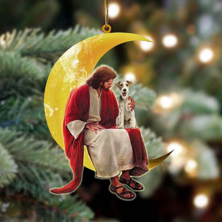 Fox Terrier And Jesus Sitting On The Moon Hanging Ornament Dog Ornament, Car Ornament, Christmas Ornament