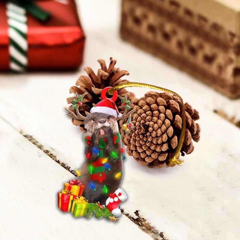 Funny Otter Christmas Reindeer Flat 2D Ornament, Animal Lover Gifts, Christmas Tree Ornament, Home Decor