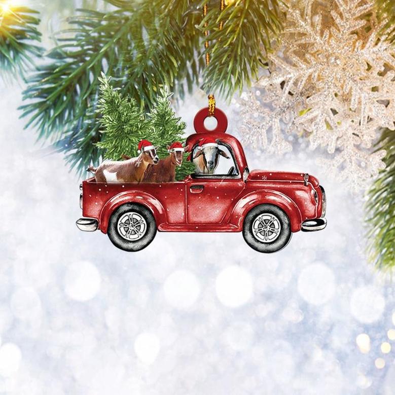 Goat Christmas Red Truck Flat 2D Ornament, Farm Animal Lover Gifts, Christmas Tree Ornament, Home Decor Plastic Ornament