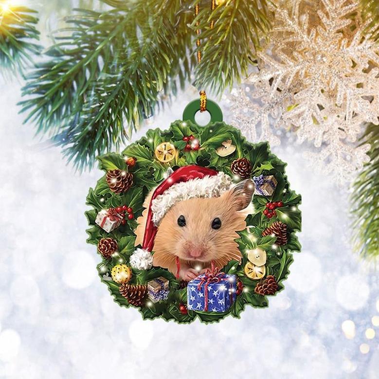 Hamster Christmas Wreath Ornament Flat 2D, Animal Pet Lover Gifts, Christmas Tree Ornament, Home Decor Plastic Ornament