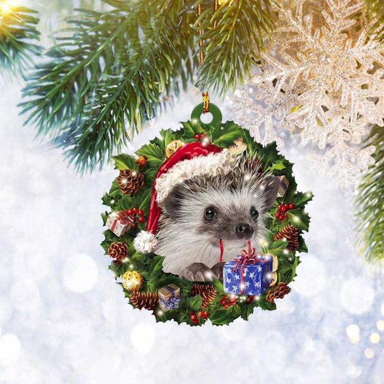 Hedgehog Christmas Wreath Flat 2D Ornament, Animal Lover Gifts, Christmas Tree Ornament, Home Decor Plastic Ornament