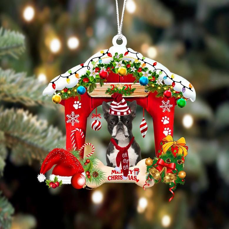 Ornament- Boston terrier-Christmas House Two Sided Ornament, Happy Christmas Ornament, Car Ornament