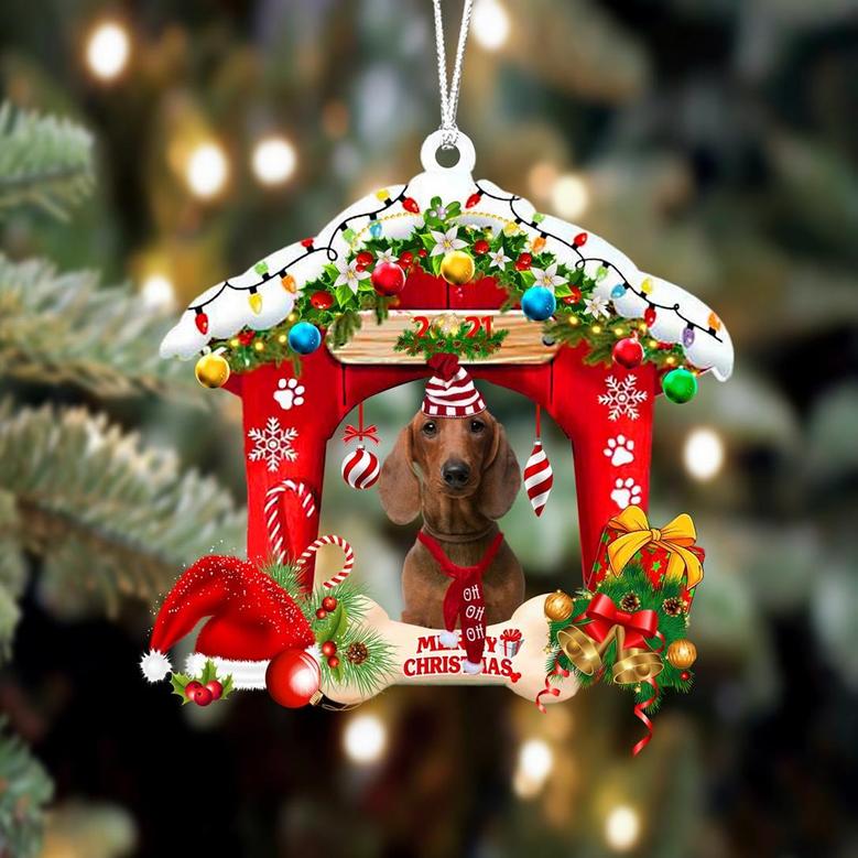 Ornament- Dachshund 2-Christmas House Two Sided Ornament, Happy Christmas Ornament, Car Ornament