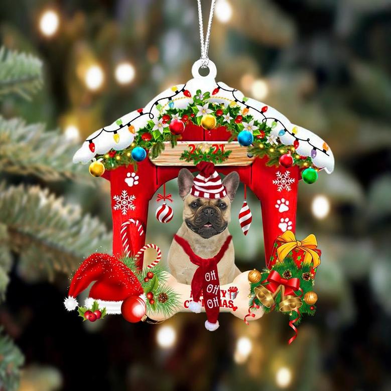Ornament- French Bulldog-Christmas House Two Sided Ornament, Happy Christmas Ornament, Car Ornament