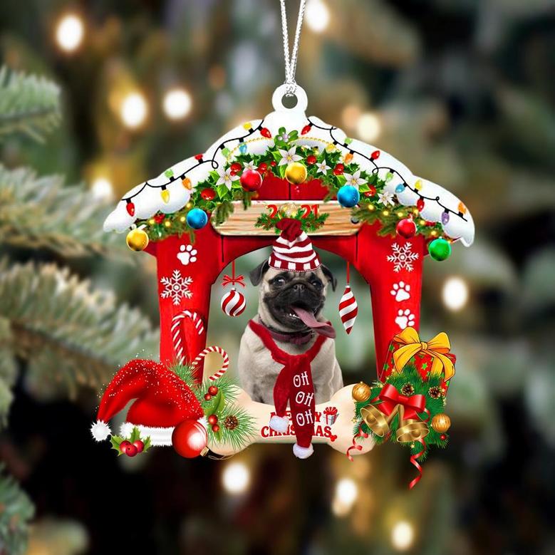 Ornament- Pug 1-Christmas House Two Sided Ornament, Happy Christmas Ornament, Car Ornament