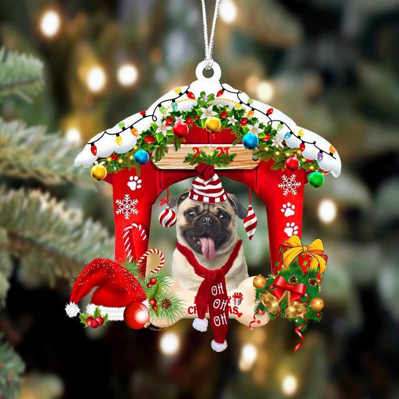Ornament- Pug-Christmas House Two Sided Ornament, Happy Christmas Ornament, Car Ornament
