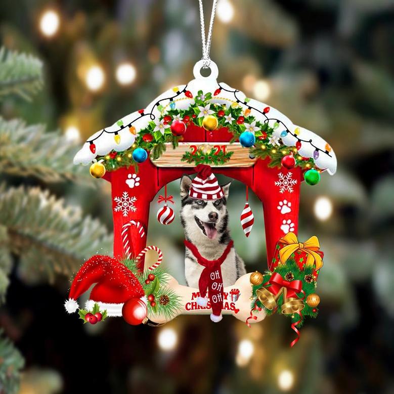 Ornament- Siberian Husky-Christmas House Two Sided Ornament, Happy Christmas Ornament, Car Ornament