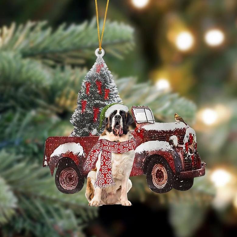 Ornament- St Bernard-Christmas Truck Two Sided Ornament, Happy Christmas Ornament, Car Ornament