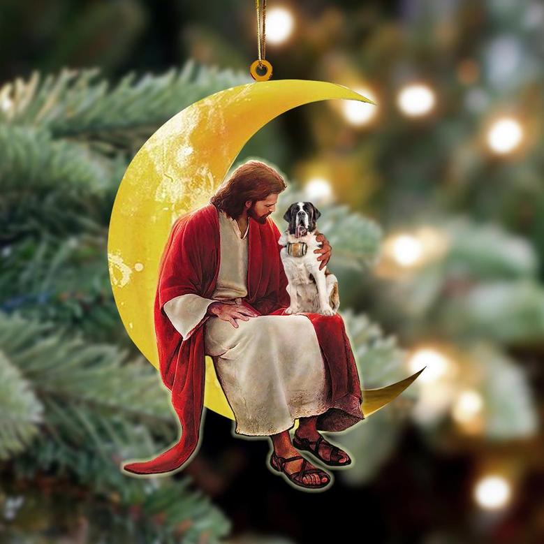 Saint Bernard And Jesus Sitting On The Moon Hanging Ornament Dog Ornament, Car Ornament, Christmas Ornament