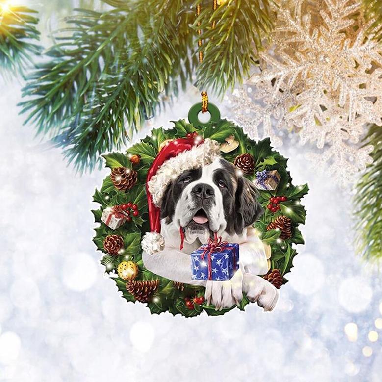 St. Bernard Christmas Wreath Flat 2D Ornament, Dog Pet Lover Gifts, Christmas Tree Ornament, Home Decor Plastic Ornament