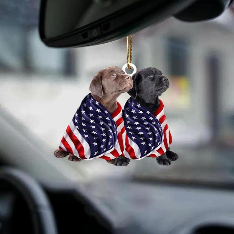 Chocolate And Black Labrador Retriever Puppies American Patriot Flag Two Sided Ornament