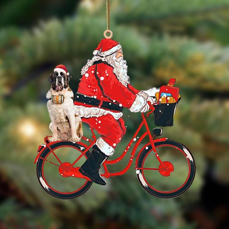 Santa Claus riding a bike with St Bernard-Two Sided Ornament