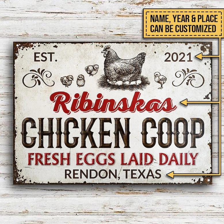Personalized Chicken Coop Fresh Eggs Laid Daily Customized Classic Metal Signs- Chicken Coop Sign - Metal Chicken Coop Sign