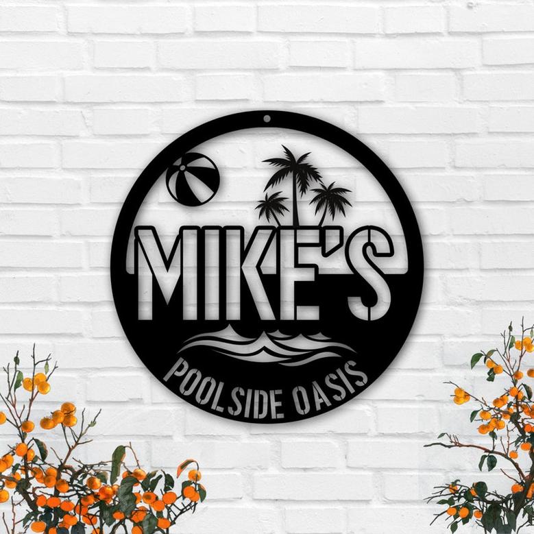 Custom Name Poolside Bar and Grill Metal Sign-Pool and Bar-Tiki Bar-Bar and Grill-Pool Oasis-Personalized Sign for Pool-Bar Patio Decor