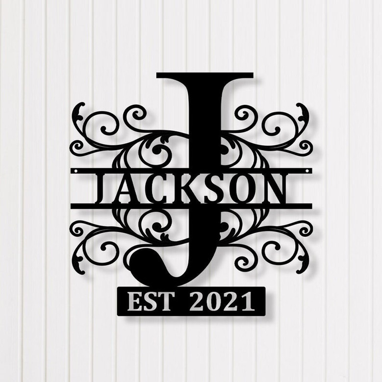 Personalized Metal Family Last Name Sign, Custom First Name Est Year Established Sign, Metal Monogram Initial Split Letter Wall Art Decor