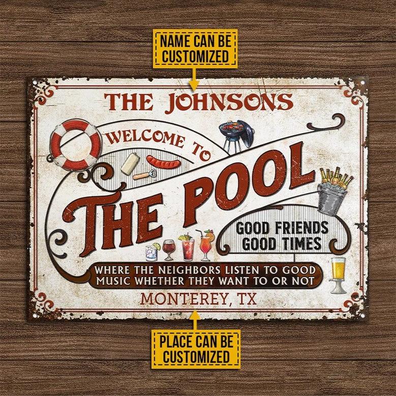 Personalized Pool Grilling Red Listen To The Good Music Custom Classic Metal Signs | Custom Metal Patio Sign | Custom Metal Pool Sign