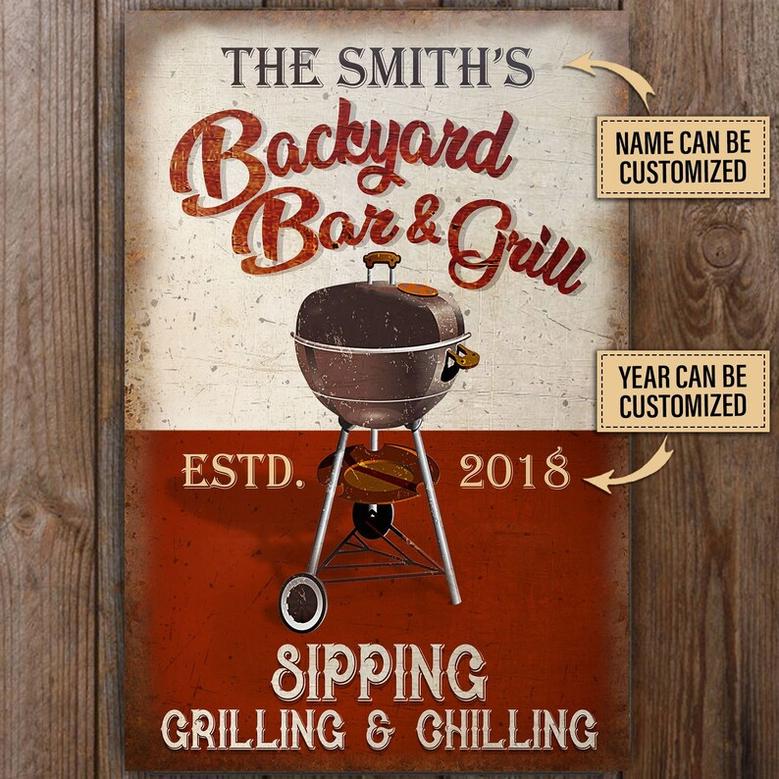Backyard BBQ Sign, Personalized BBQ And Grill Sipping Grilling, Grill Master Gift, Kitchen Decor, BBQ Signs Customized Classic Metal Signs