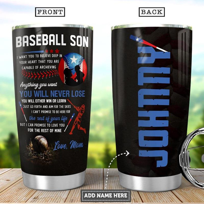 Personalized Puerto Rico Baseball Mom To Son Stainless Steel Tumbler 20Oz