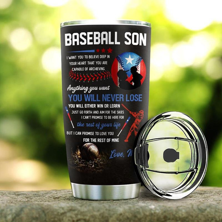 Personalized Puerto Rico Baseball Mom To Son Stainless Steel Tumbler 20Oz