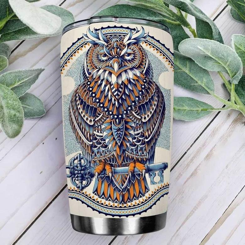 Personalized Owl And Key Stainless Steel Tumbler, Custom Owl Lovers Stainless Steel Tumbler 20Oz