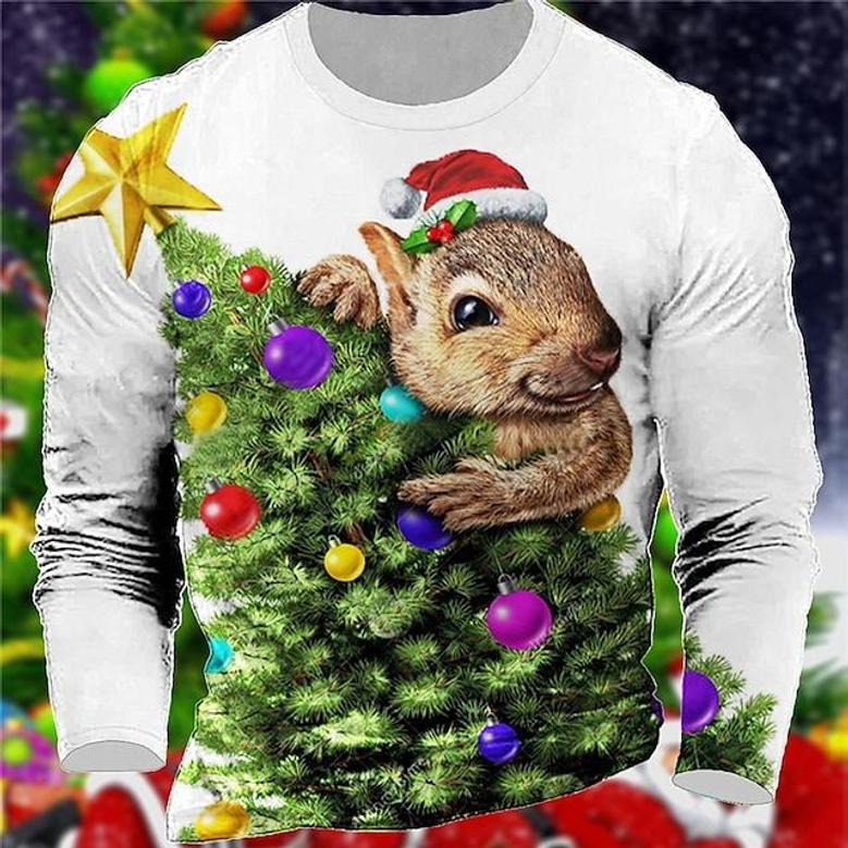 Men's T Shirt Tee Graphic Prints Squirrel Crew Neck Green White 3d Print Outdoor Christmas Long Sleeve Print Clothing Apparel Basic Sports Designer Casual