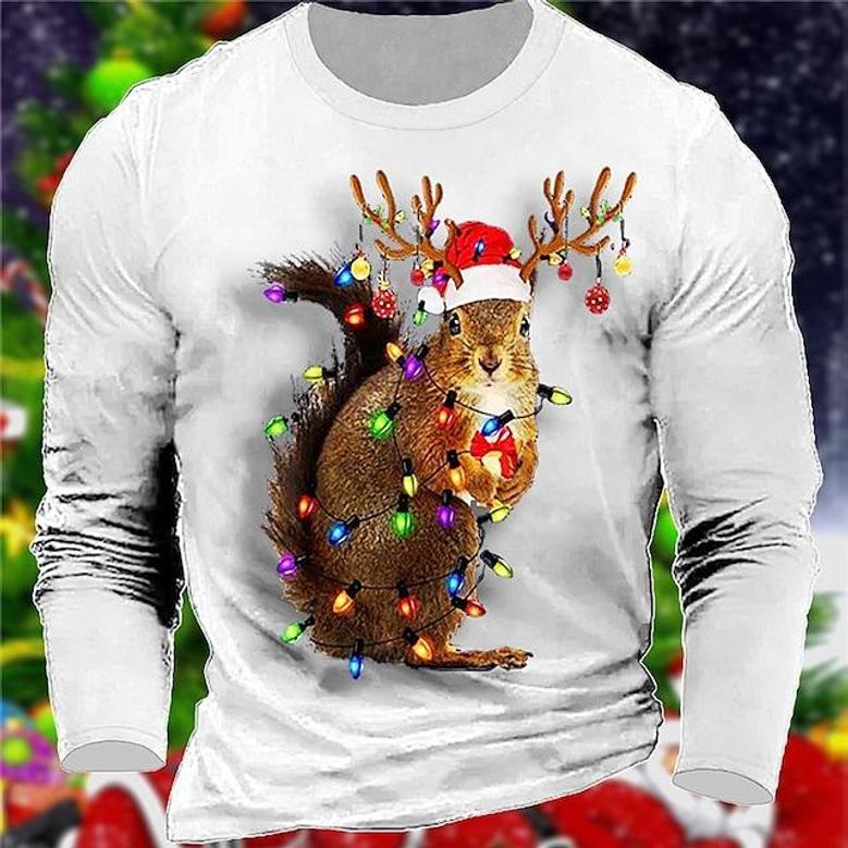 Men's T Shirt Tee Graphic Prints Squirrel Crew Neck Green White 3d Print Outdoor Christmas Long Sleeve Print Clothing Apparel Basic Sports Designer Casual